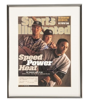 Framed 1998 Full Sports Illustrated Issue Signed By Derek Jeter, Tino Martinez & Mariano Rivera